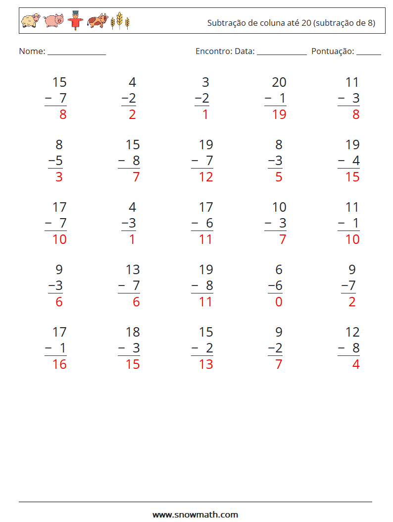 (25) Subtração de coluna até 20 (subtração de 8) planilhas matemáticas 9 Pergunta, Resposta