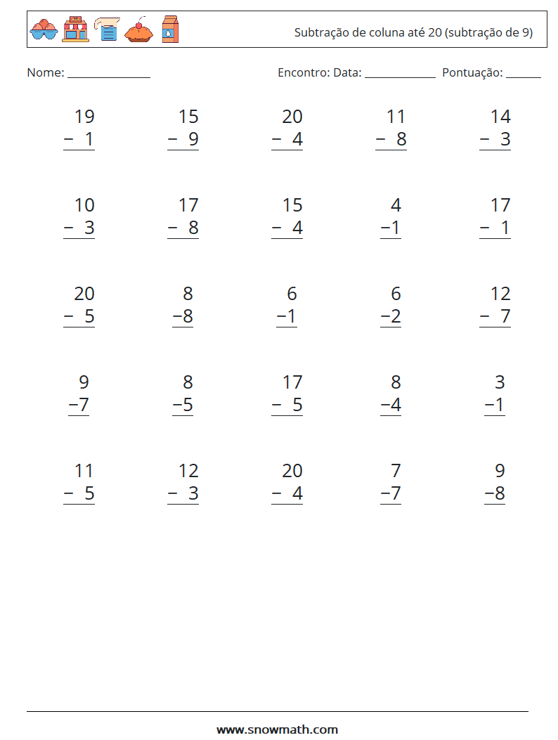 (25) Subtração de coluna até 20 (subtração de 9) planilhas matemáticas 1