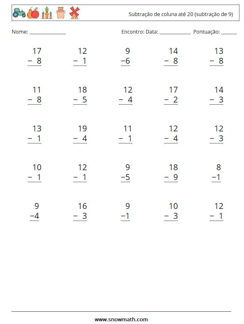 (25) Subtração de coluna até 20 (subtração de 9) planilhas matemáticas 10