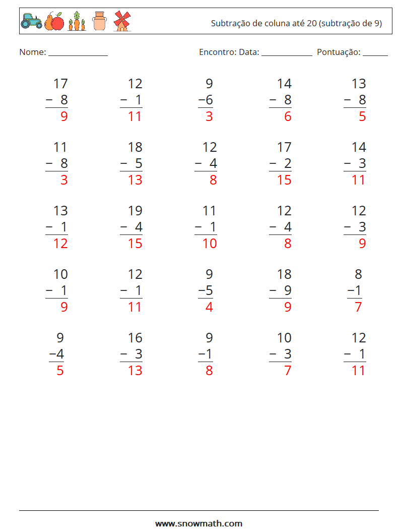 (25) Subtração de coluna até 20 (subtração de 9) planilhas matemáticas 10 Pergunta, Resposta