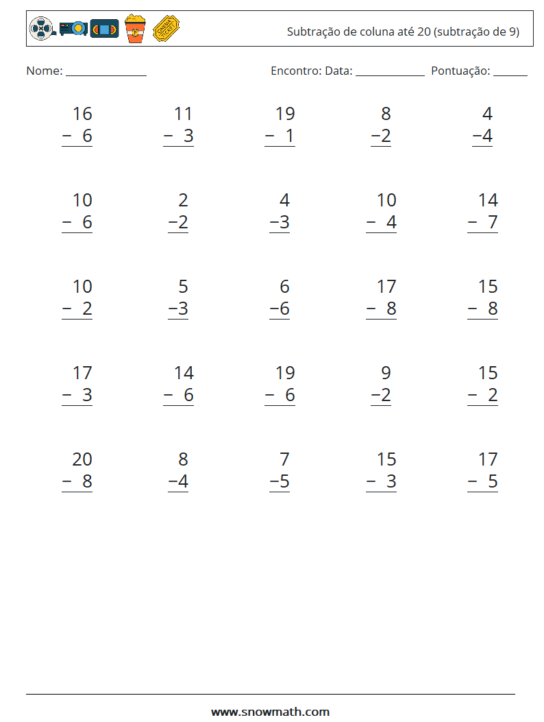 (25) Subtração de coluna até 20 (subtração de 9) planilhas matemáticas 11