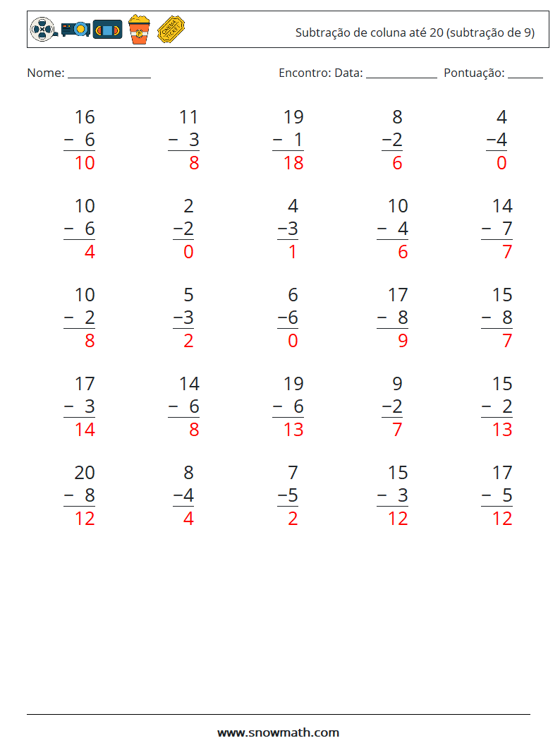 (25) Subtração de coluna até 20 (subtração de 9) planilhas matemáticas 11 Pergunta, Resposta