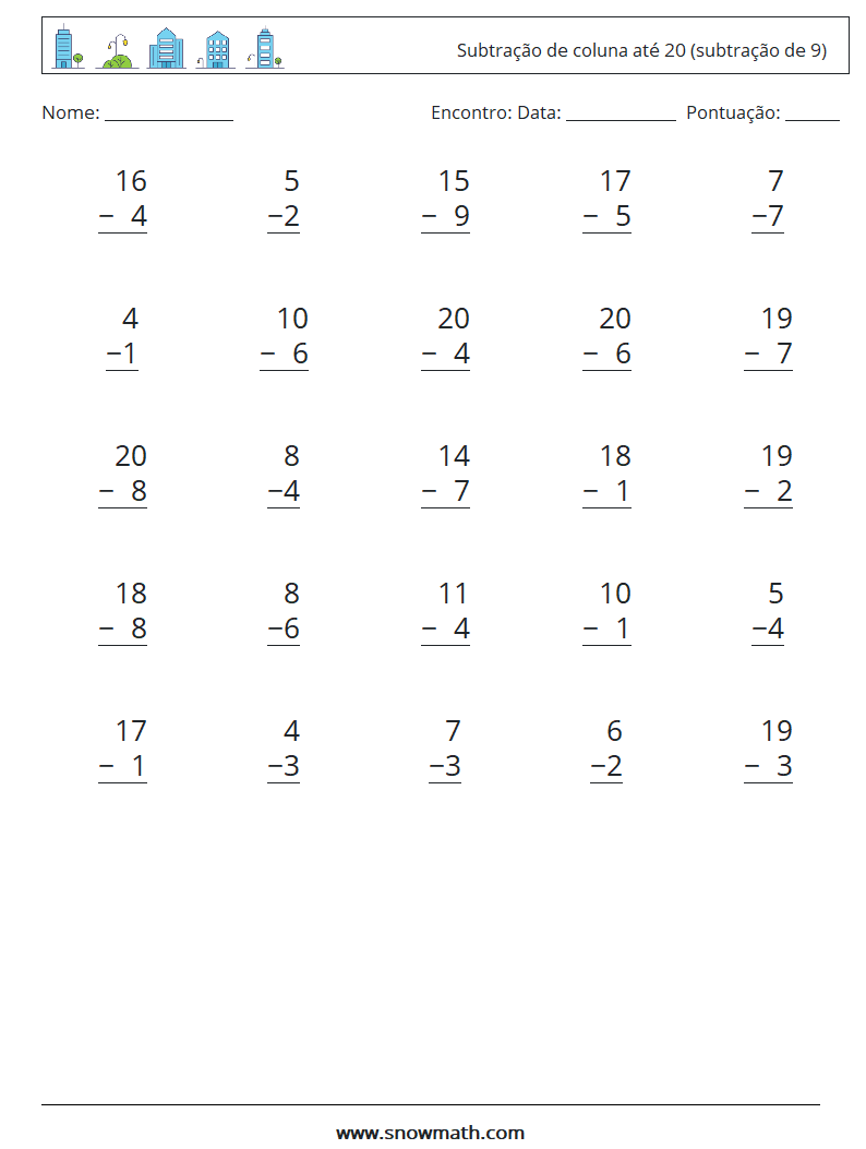 (25) Subtração de coluna até 20 (subtração de 9) planilhas matemáticas 12