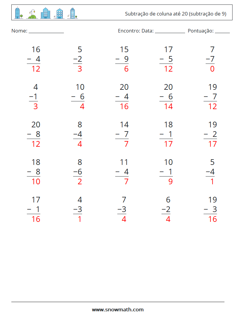 (25) Subtração de coluna até 20 (subtração de 9) planilhas matemáticas 12 Pergunta, Resposta