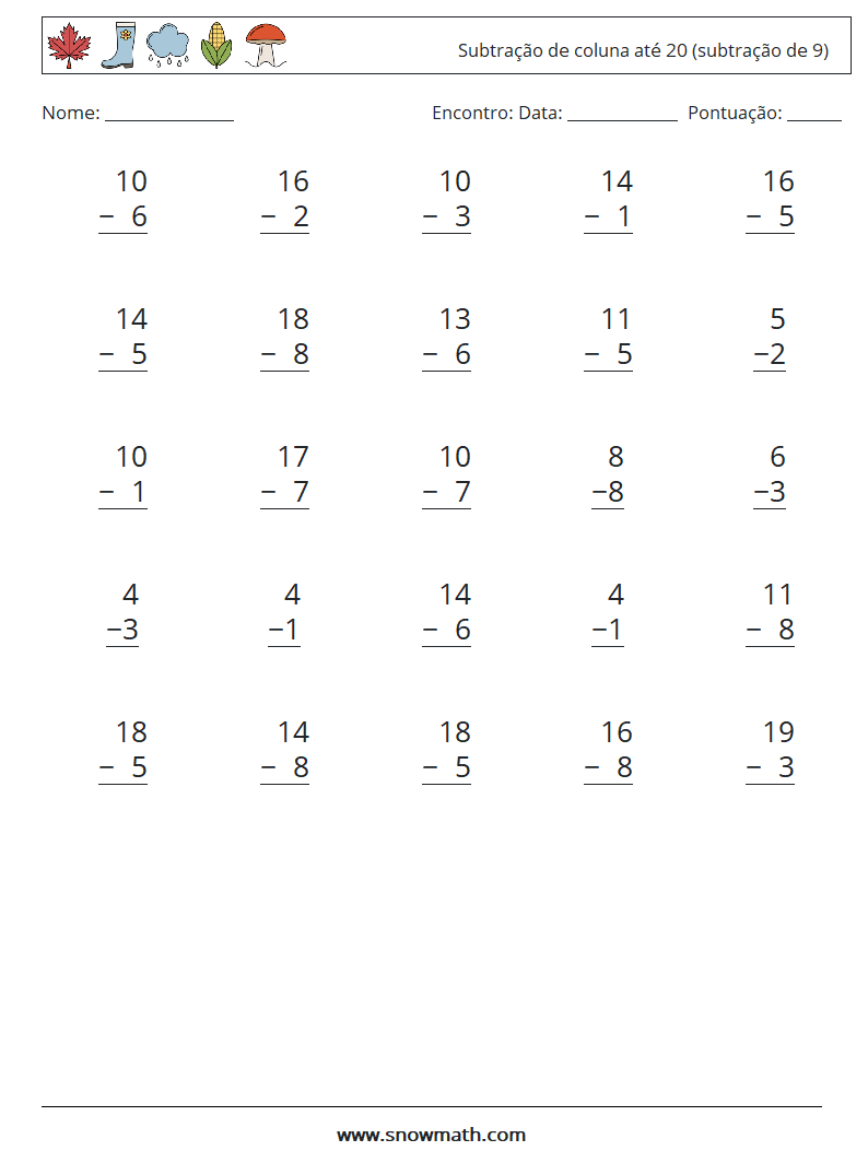 (25) Subtração de coluna até 20 (subtração de 9) planilhas matemáticas 13