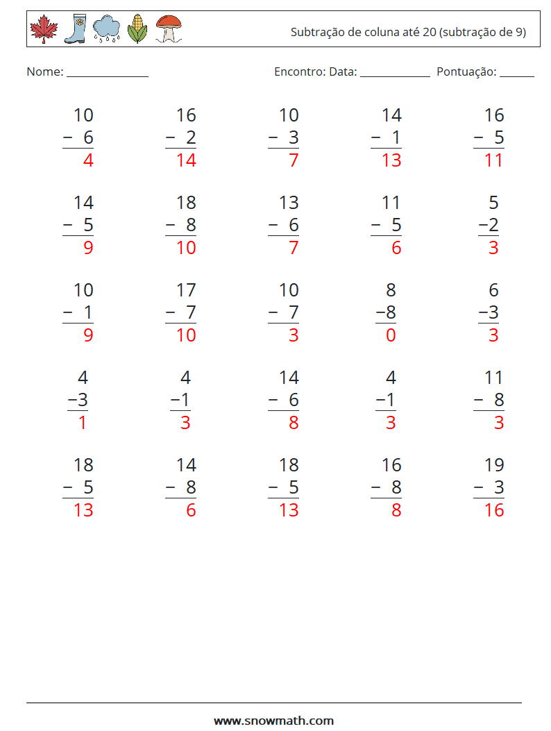 (25) Subtração de coluna até 20 (subtração de 9) planilhas matemáticas 13 Pergunta, Resposta