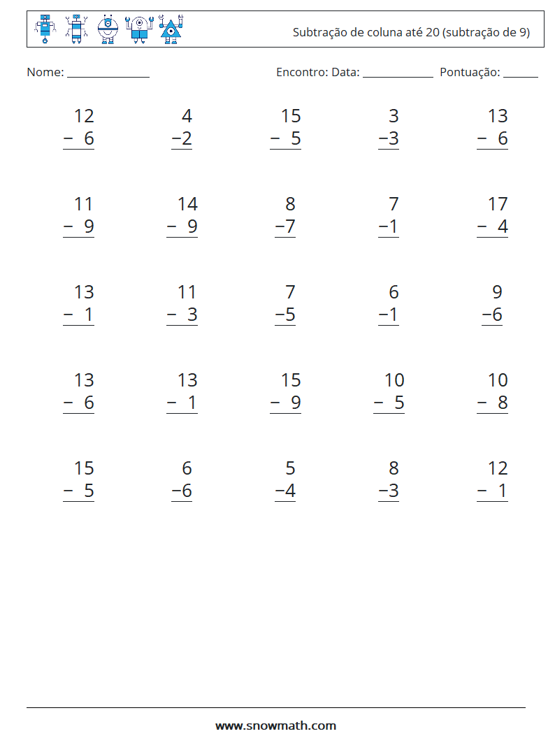 (25) Subtração de coluna até 20 (subtração de 9) planilhas matemáticas 14