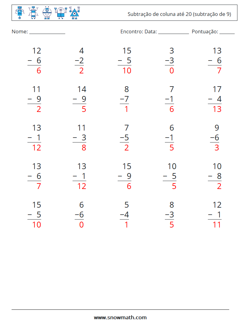 (25) Subtração de coluna até 20 (subtração de 9) planilhas matemáticas 14 Pergunta, Resposta