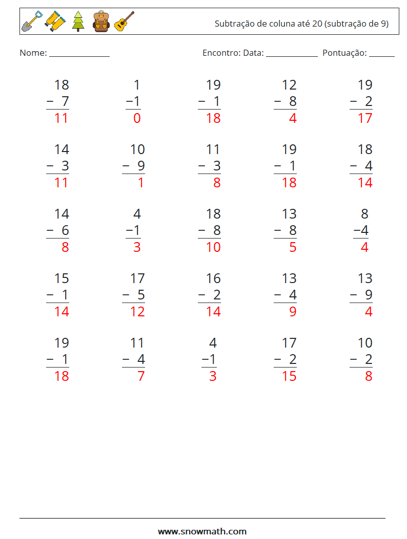 (25) Subtração de coluna até 20 (subtração de 9) planilhas matemáticas 15 Pergunta, Resposta