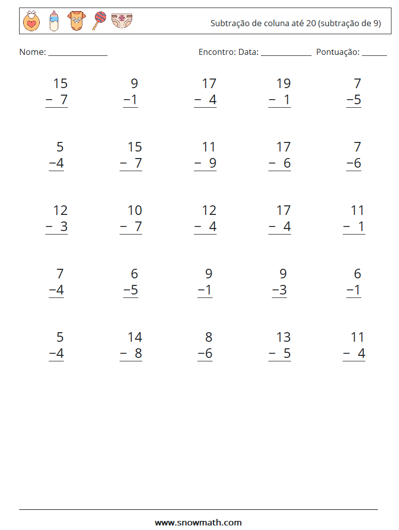 (25) Subtração de coluna até 20 (subtração de 9) planilhas matemáticas 16