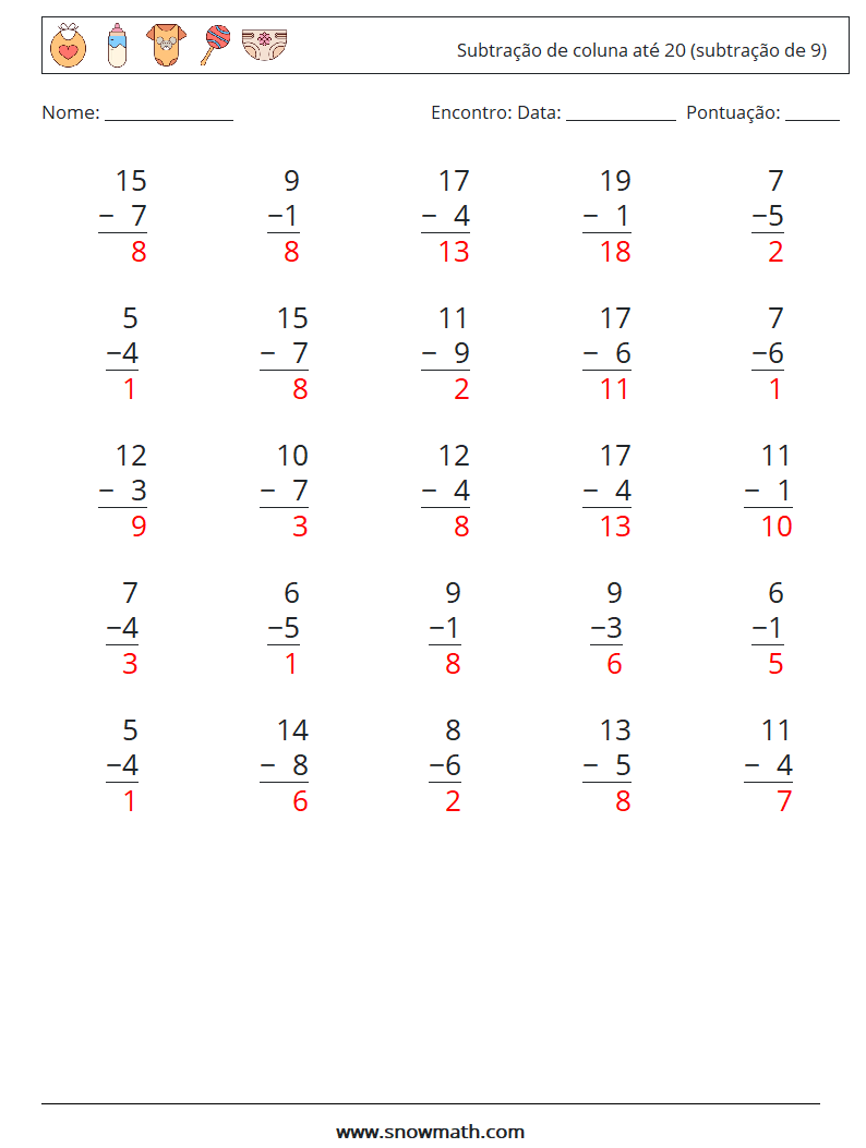 (25) Subtração de coluna até 20 (subtração de 9) planilhas matemáticas 16 Pergunta, Resposta