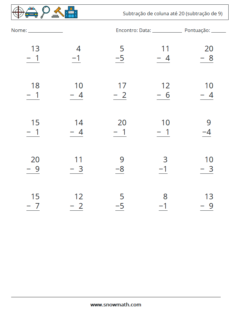 (25) Subtração de coluna até 20 (subtração de 9) planilhas matemáticas 17