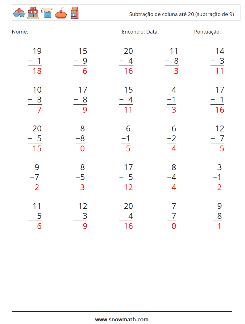 (25) Subtração de coluna até 20 (subtração de 9) planilhas matemáticas 1 Pergunta, Resposta