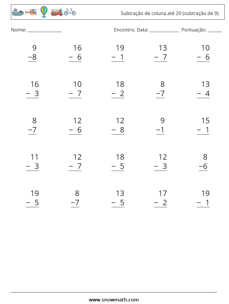 (25) Subtração de coluna até 20 (subtração de 9) planilhas matemáticas 2