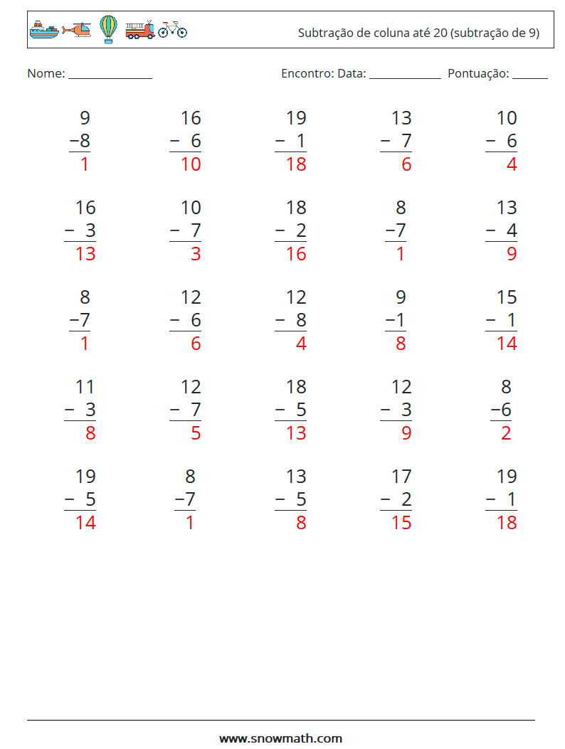 (25) Subtração de coluna até 20 (subtração de 9) planilhas matemáticas 2 Pergunta, Resposta