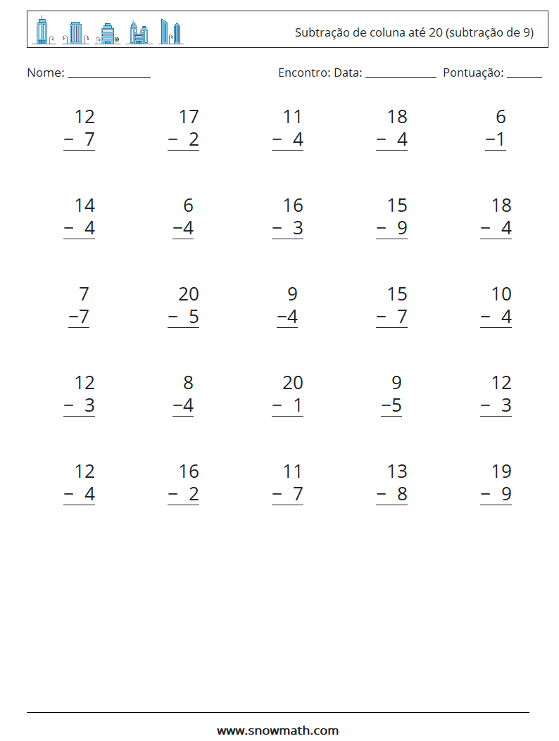 (25) Subtração de coluna até 20 (subtração de 9) planilhas matemáticas 3