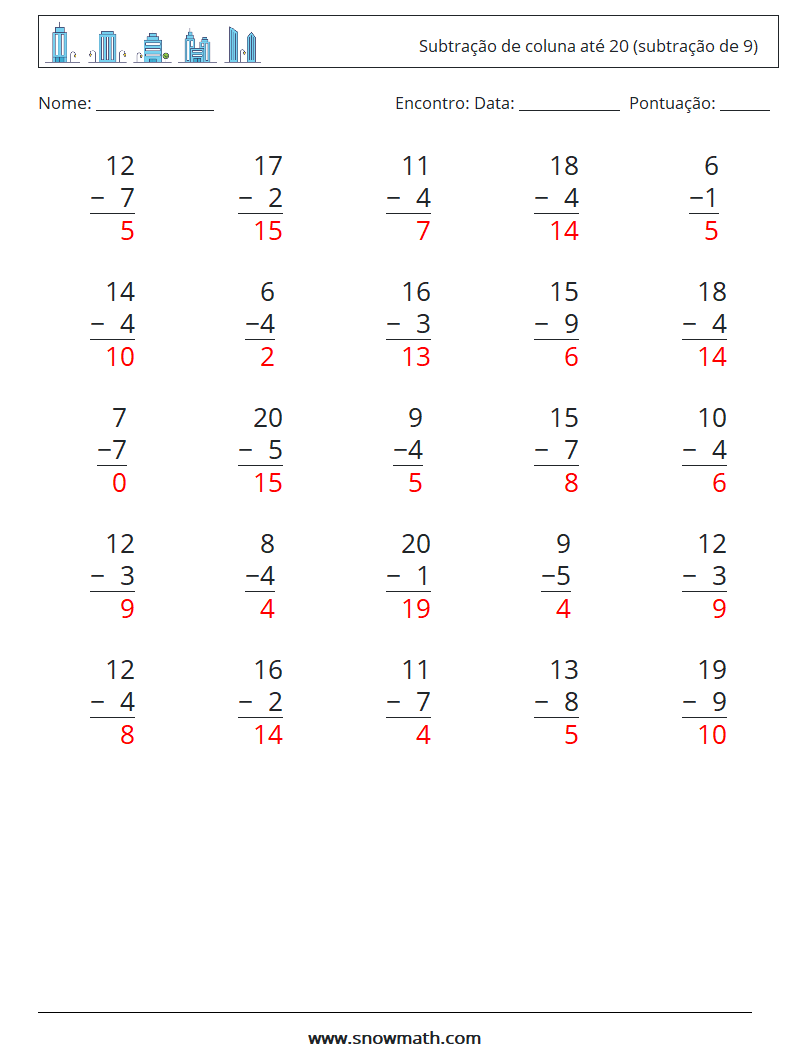 (25) Subtração de coluna até 20 (subtração de 9) planilhas matemáticas 3 Pergunta, Resposta