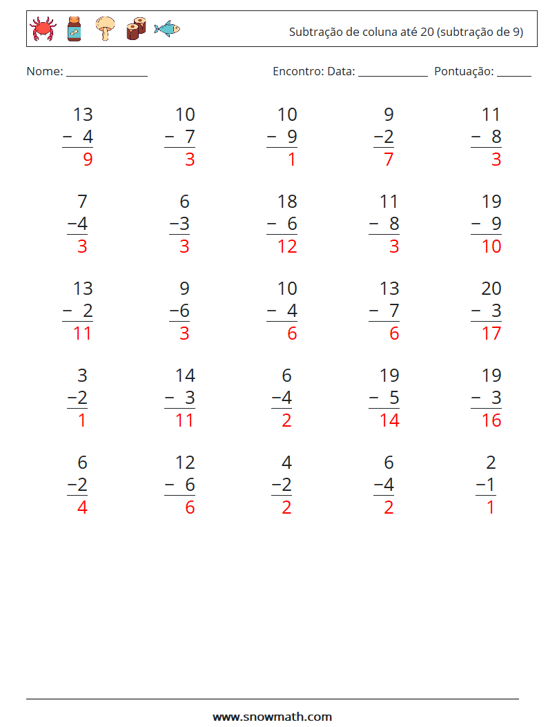 (25) Subtração de coluna até 20 (subtração de 9) planilhas matemáticas 4 Pergunta, Resposta