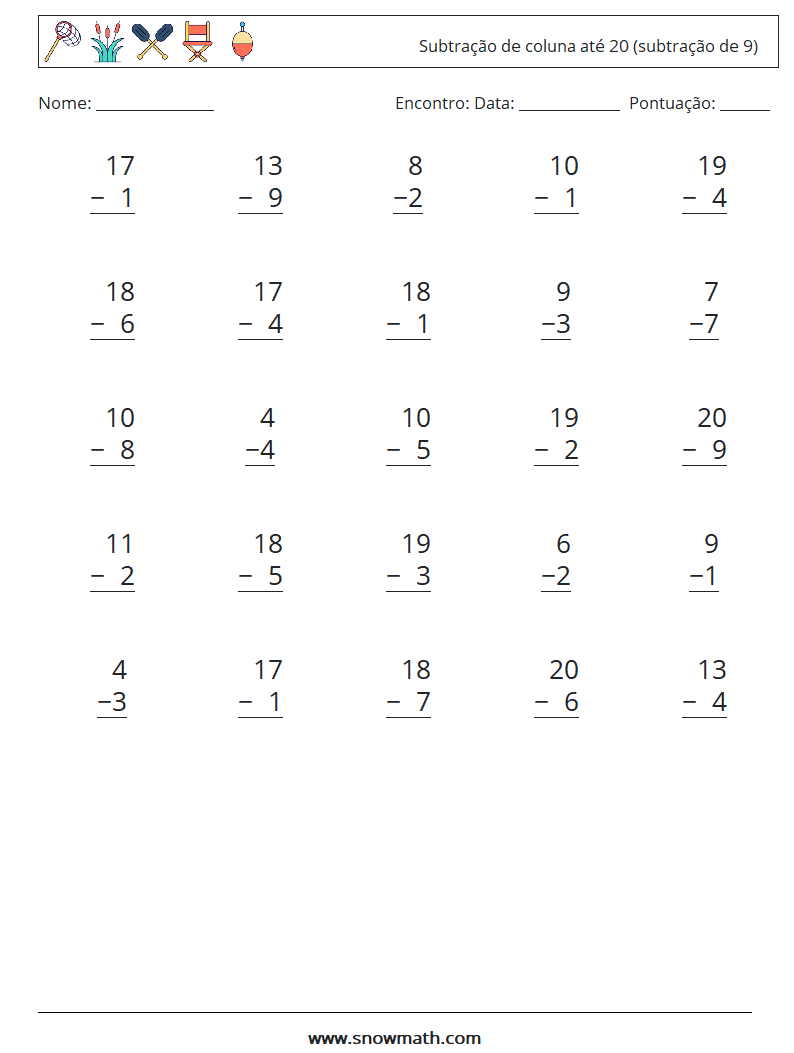 (25) Subtração de coluna até 20 (subtração de 9) planilhas matemáticas 5