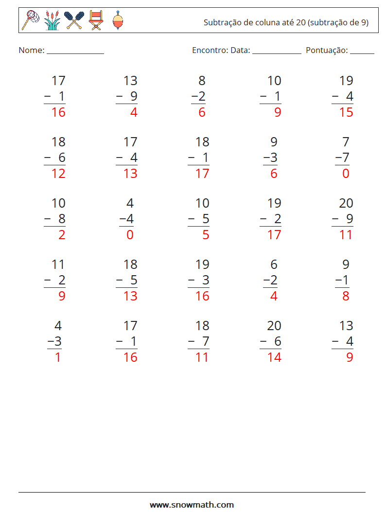 (25) Subtração de coluna até 20 (subtração de 9) planilhas matemáticas 5 Pergunta, Resposta