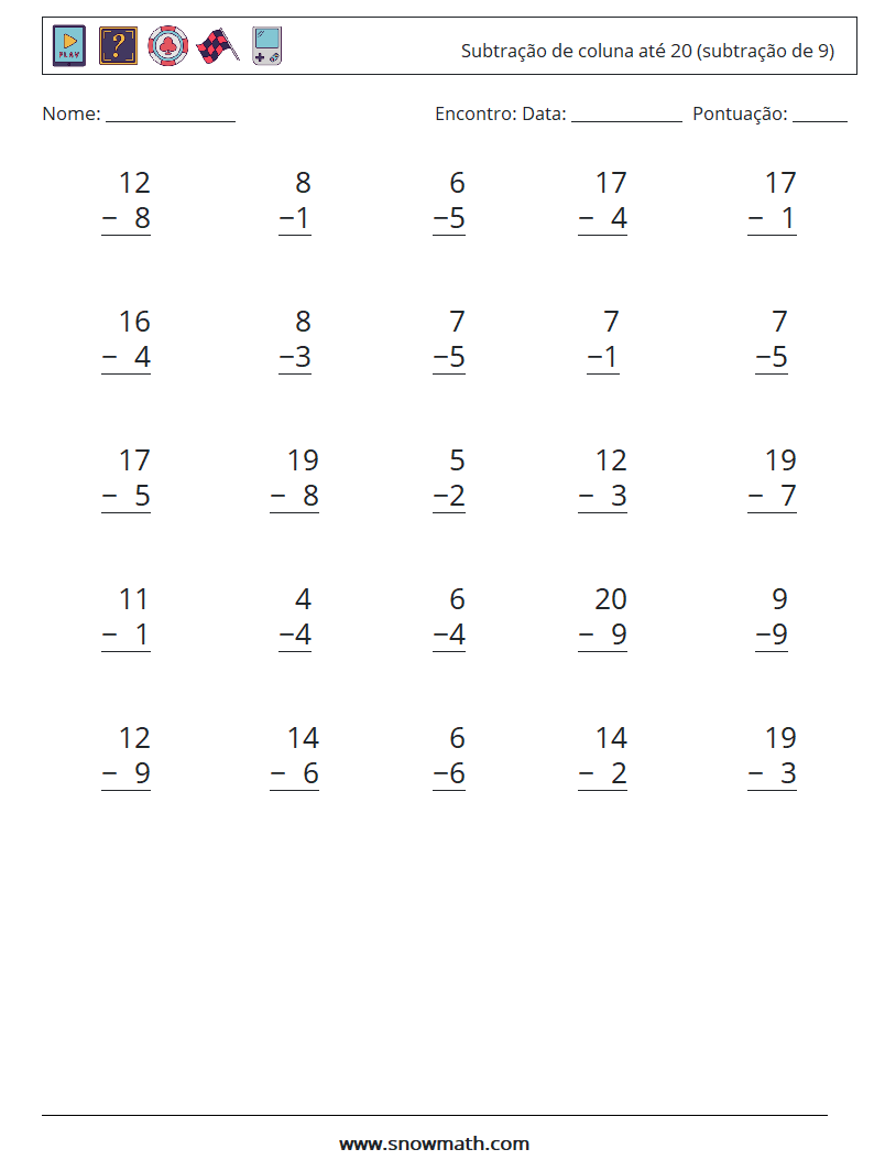 (25) Subtração de coluna até 20 (subtração de 9) planilhas matemáticas 6