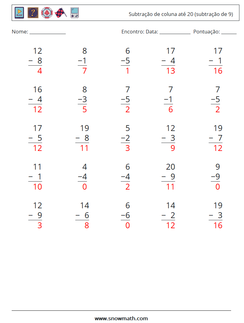 (25) Subtração de coluna até 20 (subtração de 9) planilhas matemáticas 6 Pergunta, Resposta