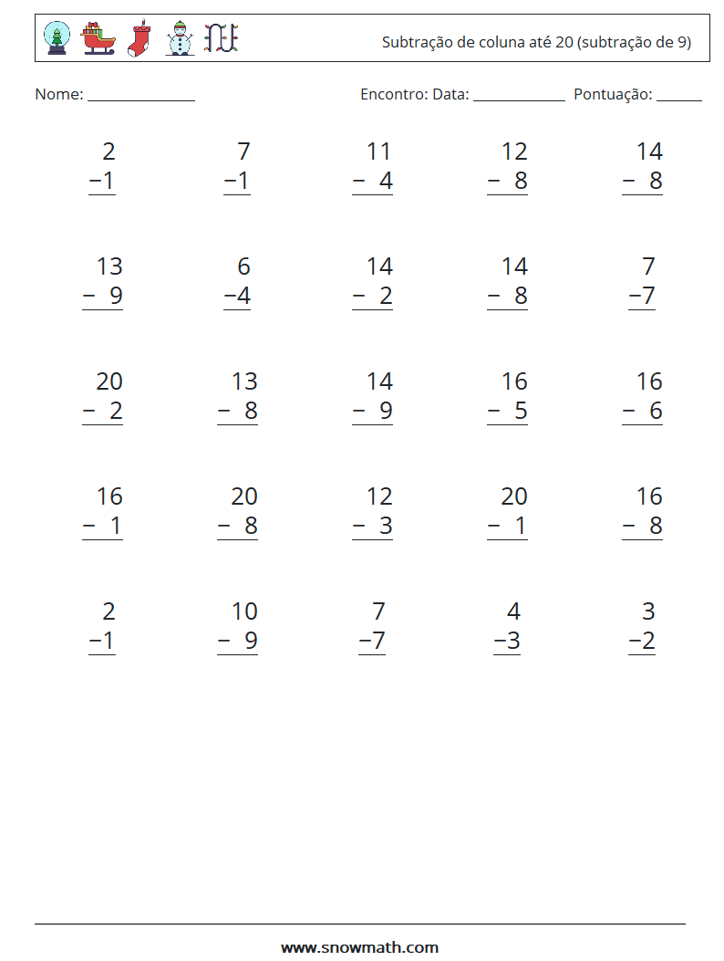 (25) Subtração de coluna até 20 (subtração de 9) planilhas matemáticas 7