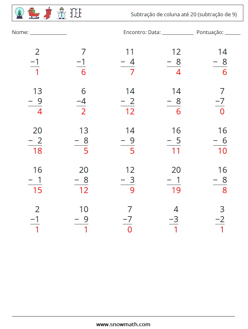 (25) Subtração de coluna até 20 (subtração de 9) planilhas matemáticas 7 Pergunta, Resposta