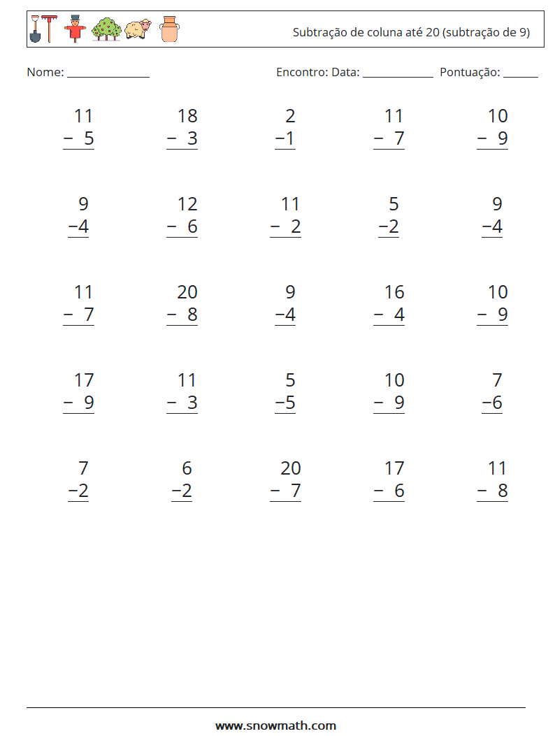 (25) Subtração de coluna até 20 (subtração de 9) planilhas matemáticas 8