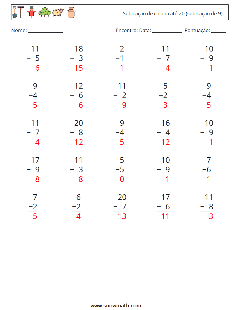 (25) Subtração de coluna até 20 (subtração de 9) planilhas matemáticas 8 Pergunta, Resposta