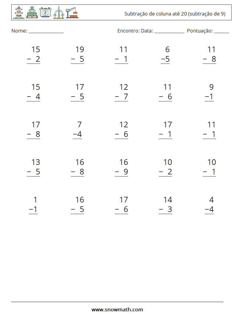 (25) Subtração de coluna até 20 (subtração de 9) planilhas matemáticas 9