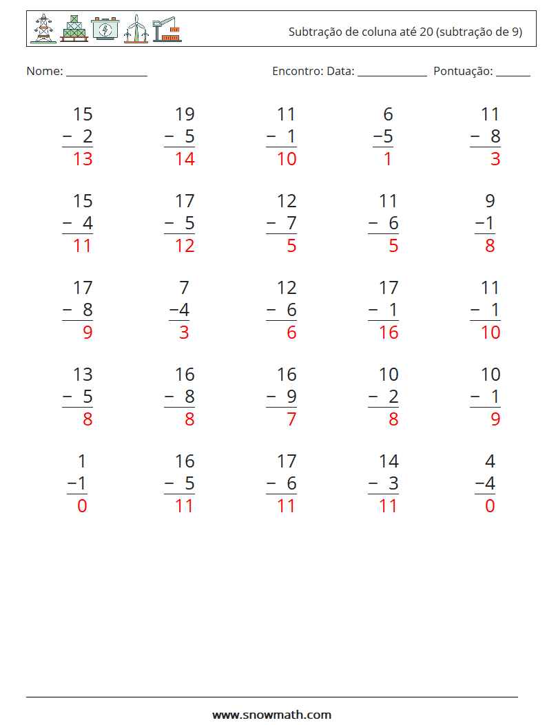 (25) Subtração de coluna até 20 (subtração de 9) planilhas matemáticas 9 Pergunta, Resposta