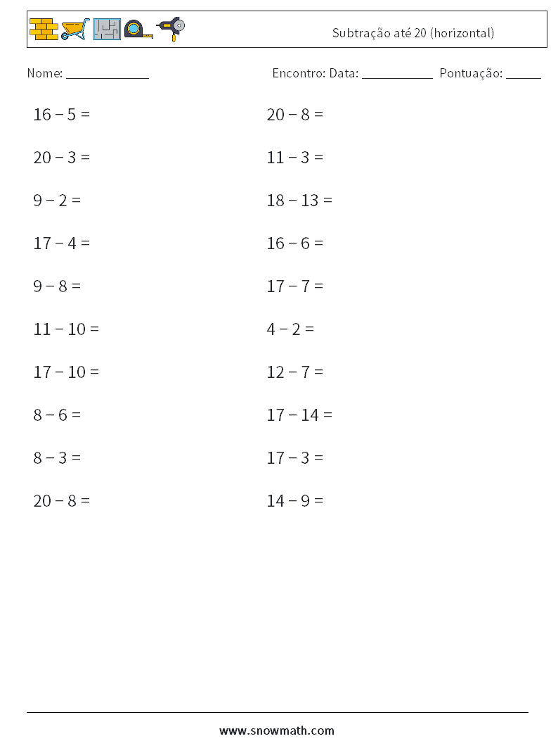 (20) Subtração até 20 (horizontal) planilhas matemáticas 1