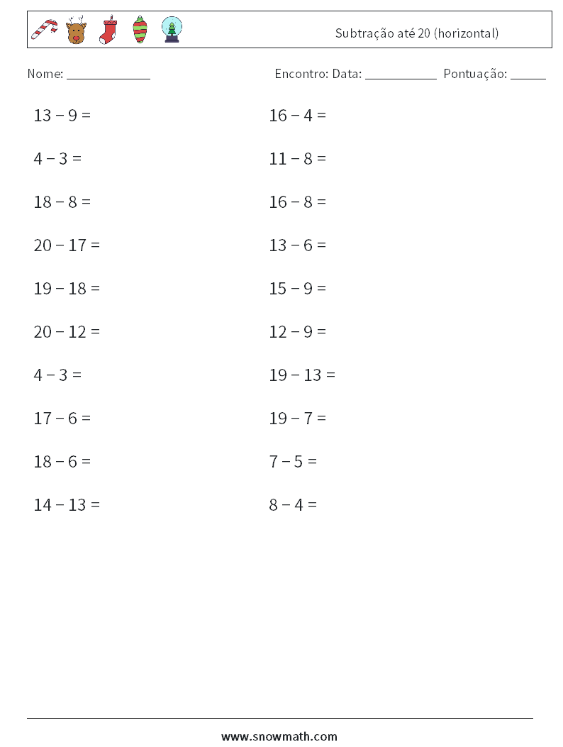 (20) Subtração até 20 (horizontal) planilhas matemáticas 3