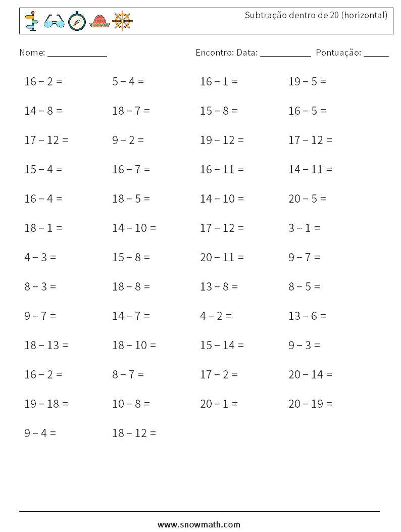 (50) Subtração dentro de 20 (horizontal) planilhas matemáticas 2
