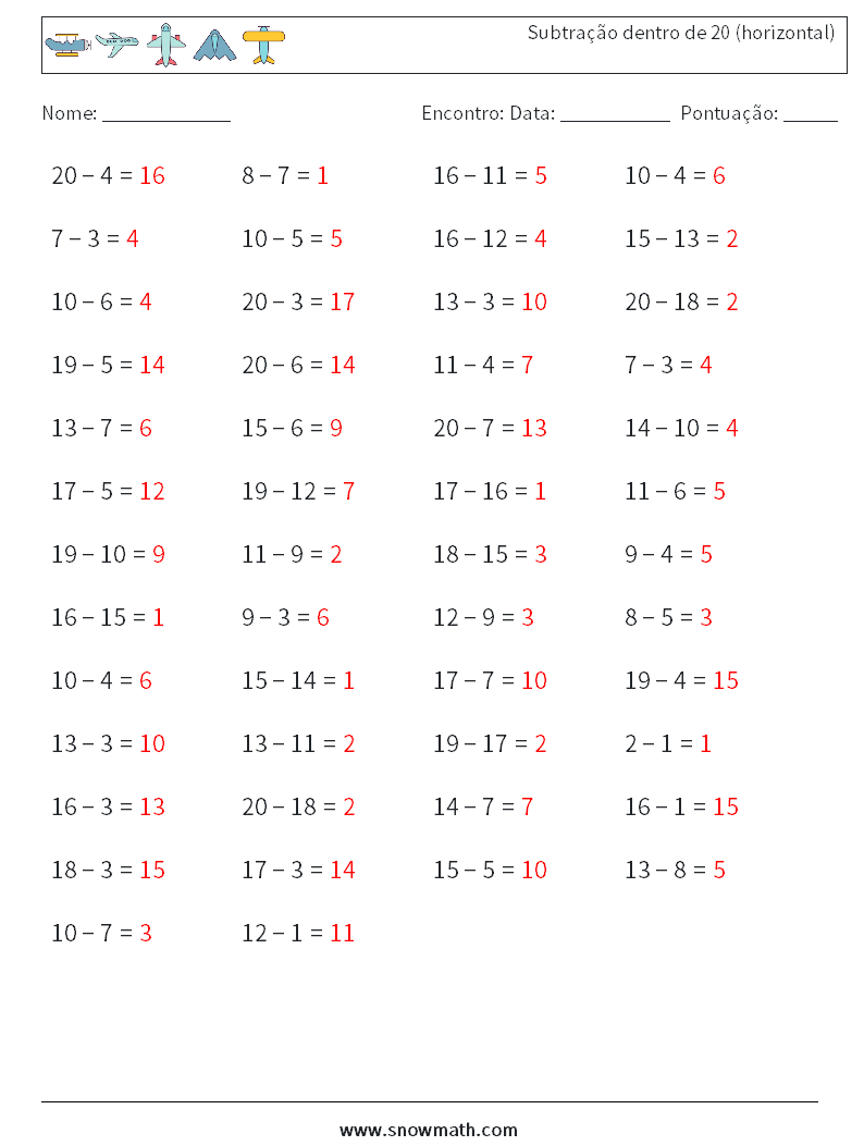 (50) Subtração dentro de 20 (horizontal) planilhas matemáticas 4 Pergunta, Resposta