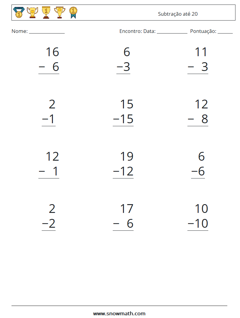 (12) Subtração até 20 planilhas matemáticas 1