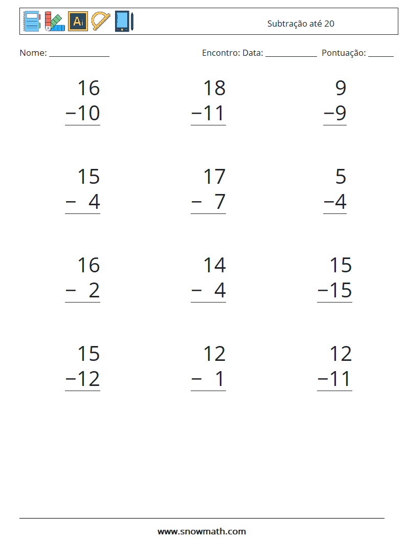 (12) Subtração até 20 planilhas matemáticas 10