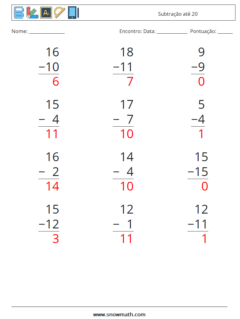 (12) Subtração até 20 planilhas matemáticas 10 Pergunta, Resposta