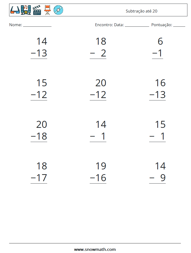 (12) Subtração até 20 planilhas matemáticas 11