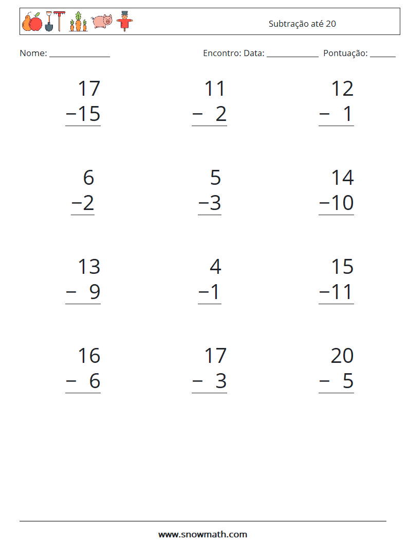 (12) Subtração até 20 planilhas matemáticas 12