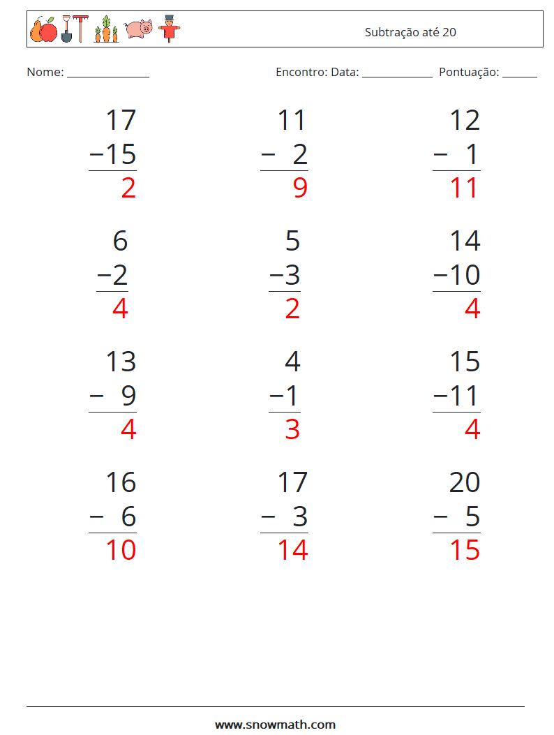 (12) Subtração até 20 planilhas matemáticas 12 Pergunta, Resposta