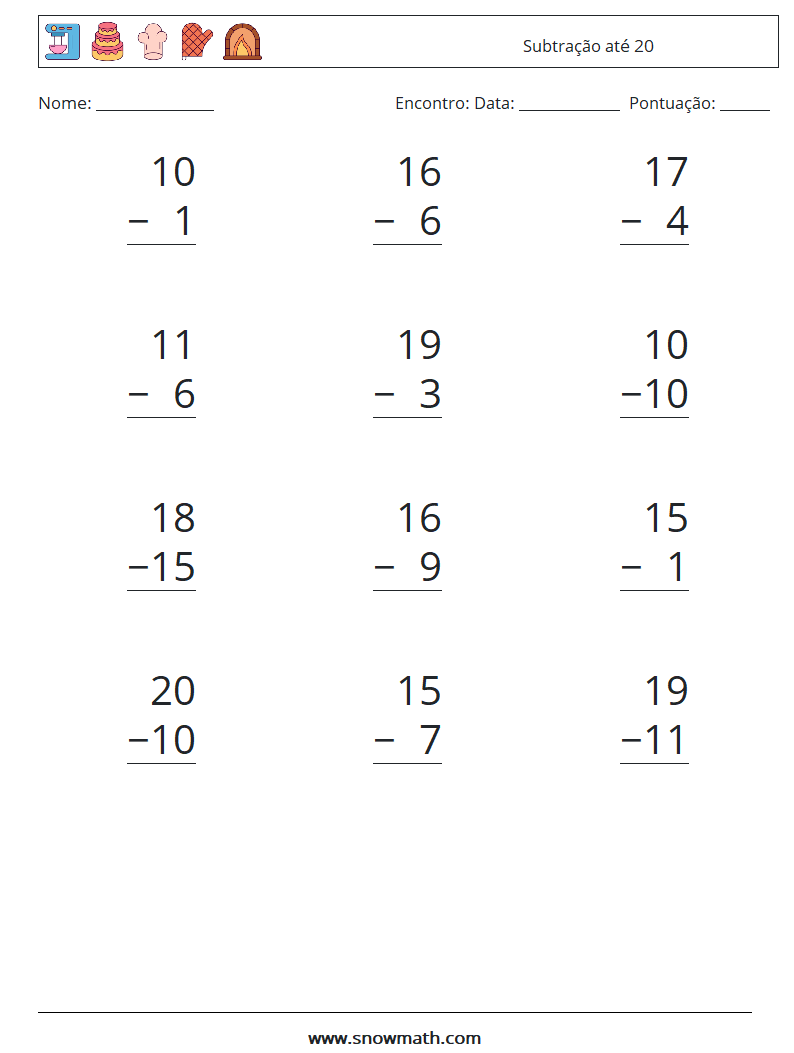 (12) Subtração até 20 planilhas matemáticas 13