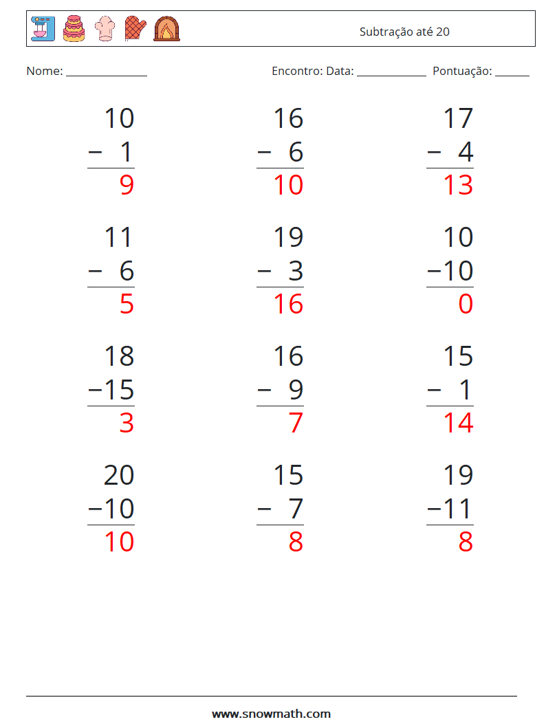 (12) Subtração até 20 planilhas matemáticas 13 Pergunta, Resposta