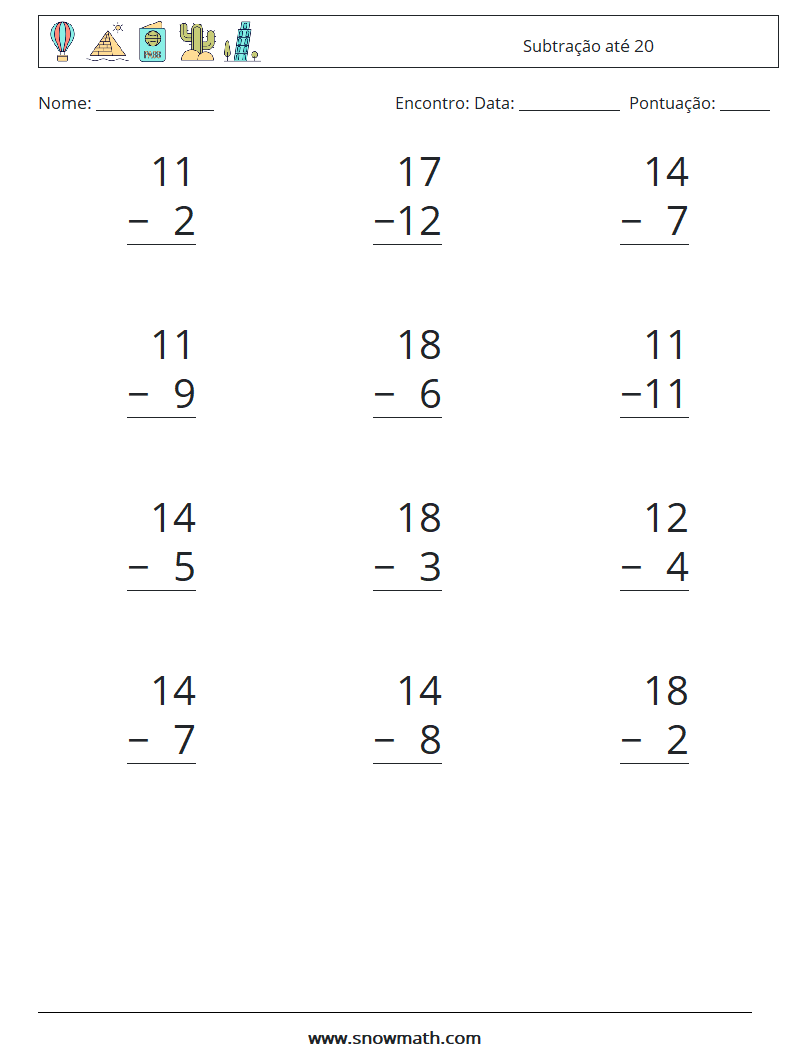(12) Subtração até 20 planilhas matemáticas 14