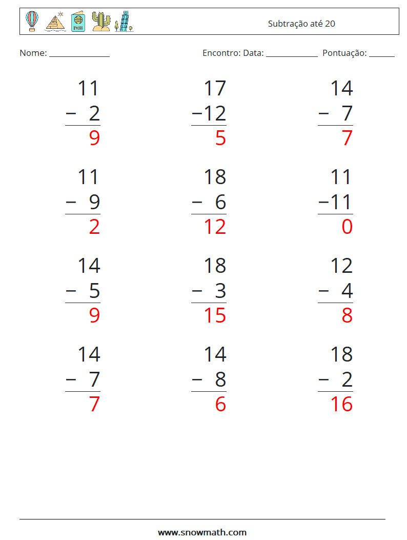 (12) Subtração até 20 planilhas matemáticas 14 Pergunta, Resposta