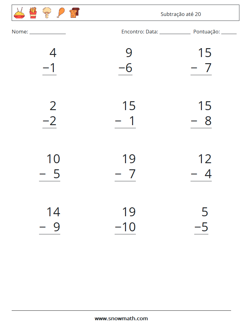 (12) Subtração até 20 planilhas matemáticas 15