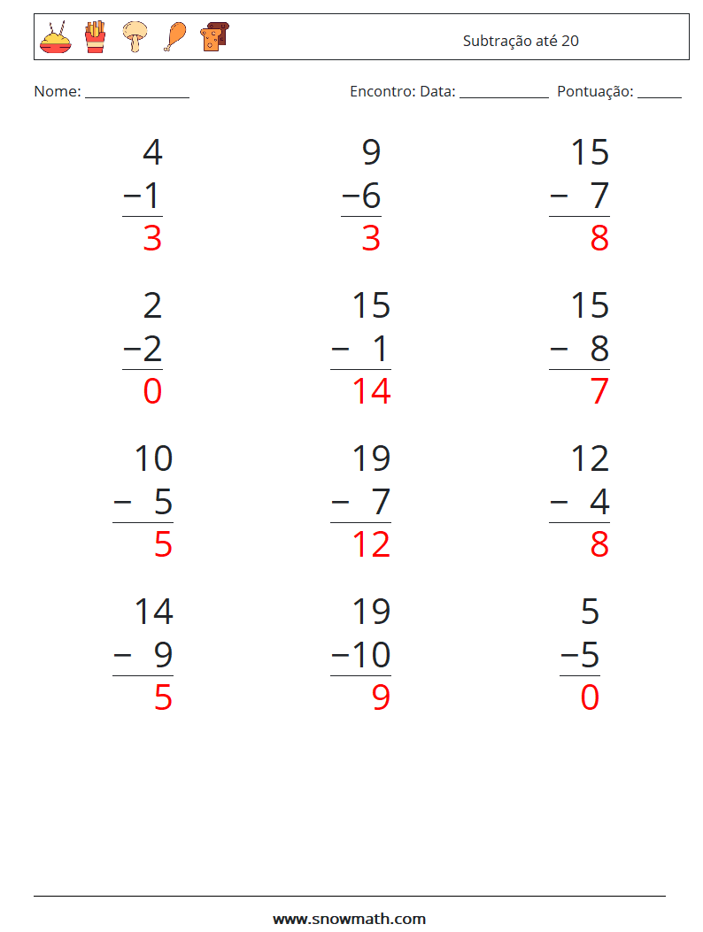 (12) Subtração até 20 planilhas matemáticas 15 Pergunta, Resposta