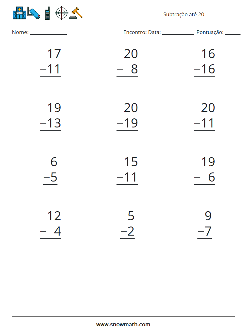 (12) Subtração até 20 planilhas matemáticas 16