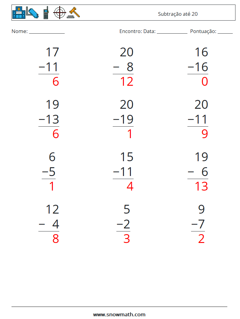 (12) Subtração até 20 planilhas matemáticas 16 Pergunta, Resposta